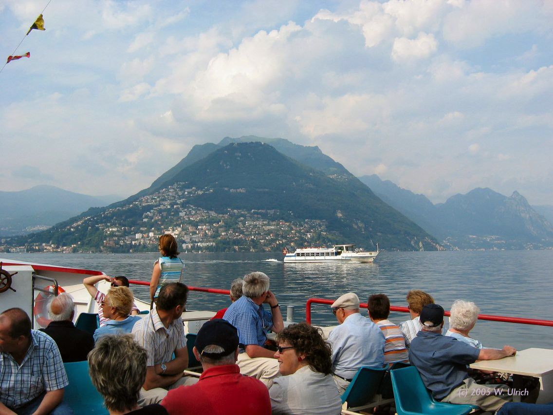 Boat excursion to Morcote, with Monte Br in the background